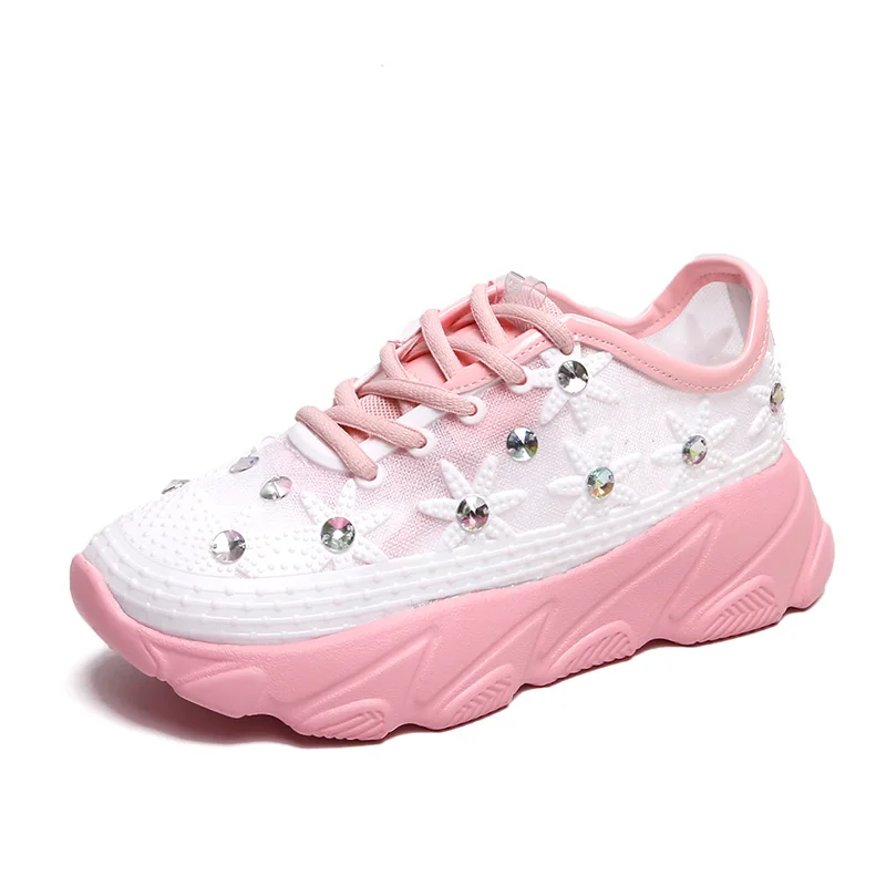 MESH Pink Белые кроссовки на платформе; женская обувь для бега; кроссовки со стразами; дышащая прогулочная обувь; женская спортивная обувь для бега; женская обувь; Размеры 35, 41 - Цвет: MESH Pink
