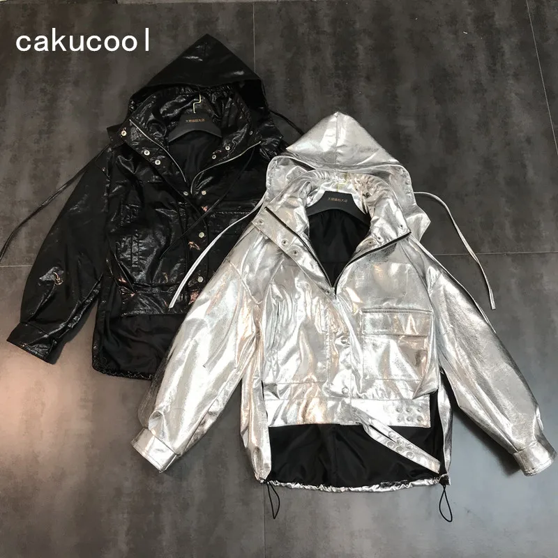 Cakucool Женская Блестящая куртка серебряная куртка-бомбер с капюшоном на молнии