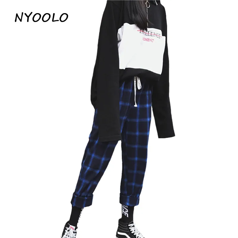 NYOOLO Harajuku уличная одежда Синие Клетчатые Брюки повседневные Прямые брюки с