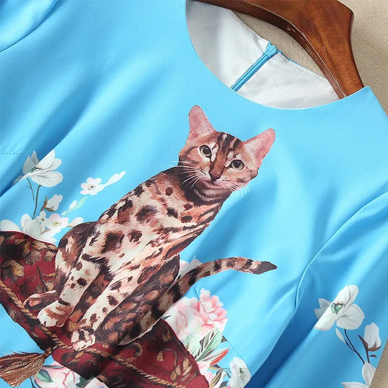 

2019 New Fashion Runway Designer Dress Women's High Quality Long Sleeve Blue Cat Flower Printed Mid Calf Mermaid Dresses