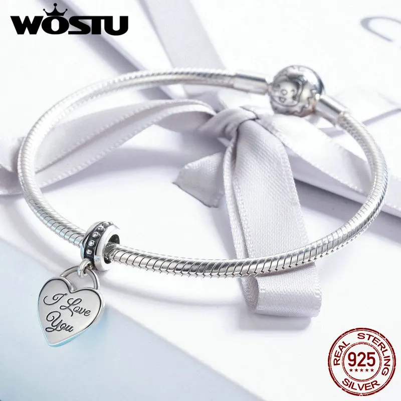 WOSTU романтическая 925 пробы серебряная подвеска в виде сердца с надписью I Love You, браслет с бусинами и подвеской, ювелирный подарок для самостоятельной сборки, FIC539