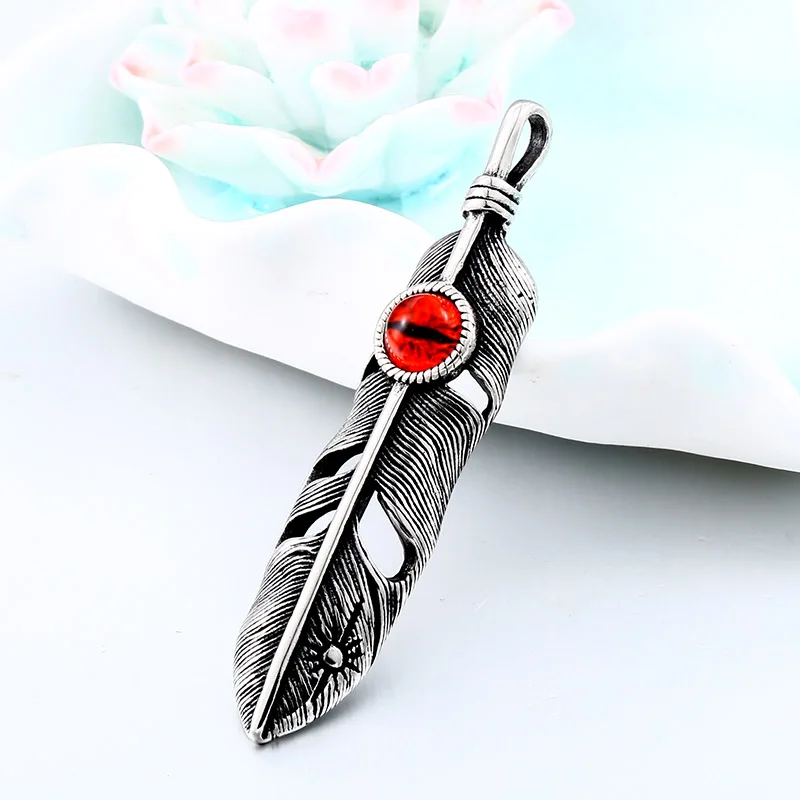 BEIER Stainless Steel Retro Feather with Red evil eye charm Pendant Necklace Vintage Leaf Jewerly for men women gift LHP028 | Украшения и