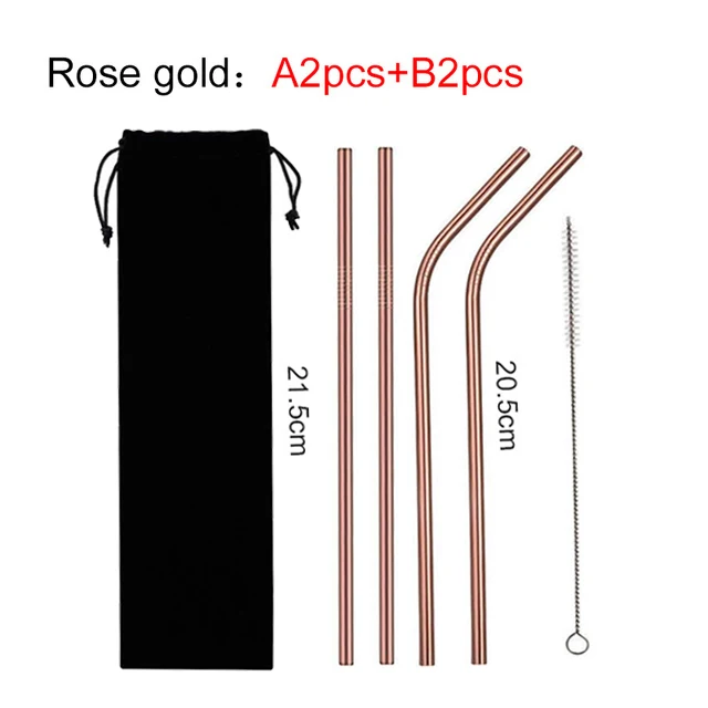 Rose gold-S-AB EIMAI многоразовые металлические трубочки для питья 304 нержавеющая сталь прочная изогнутая прямая соломинка для напитков с чистящей щеткой - Цвет: Rose gold-S-AB