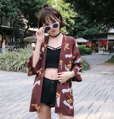 2 цвета лето 2018 кимоно с мультяшным принтом Харадзюку кардиган женская верхняя