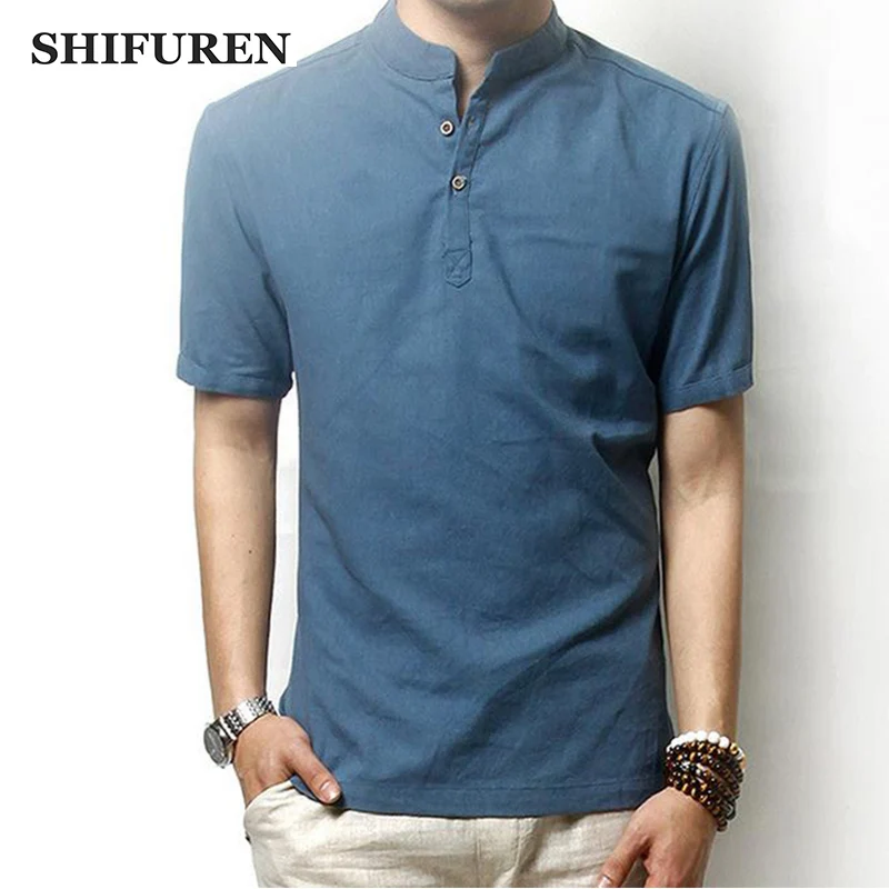 Мужская льняная рубашка SHIFUREM Повседневная Мягкая дышащая с короткими рукавами и