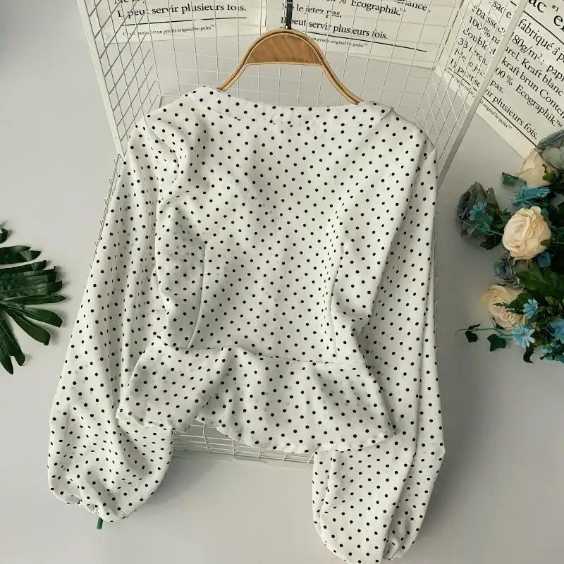 Милые весенние новые шифоновые рубашки в горошек с v образным вырезом и длинным