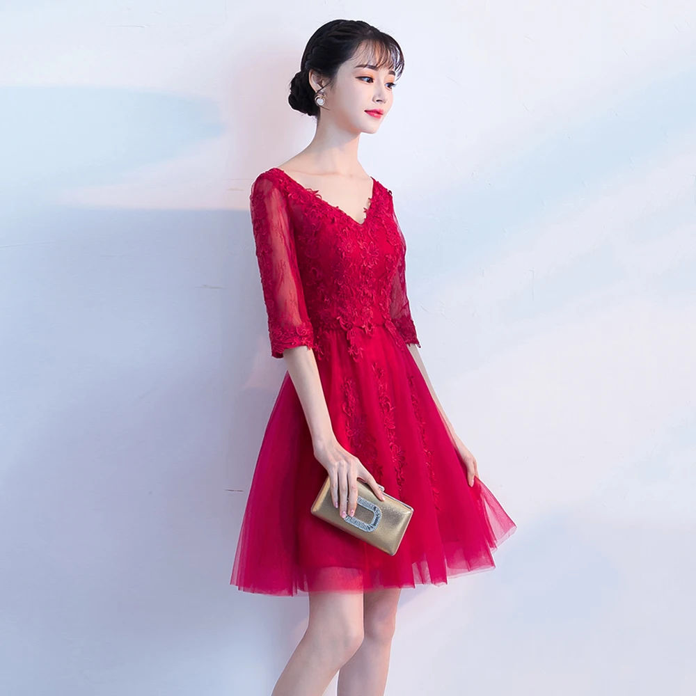 Vestidos cortos de fiesta новые бордовые короткие платья для выпускного Бальные с v-образным