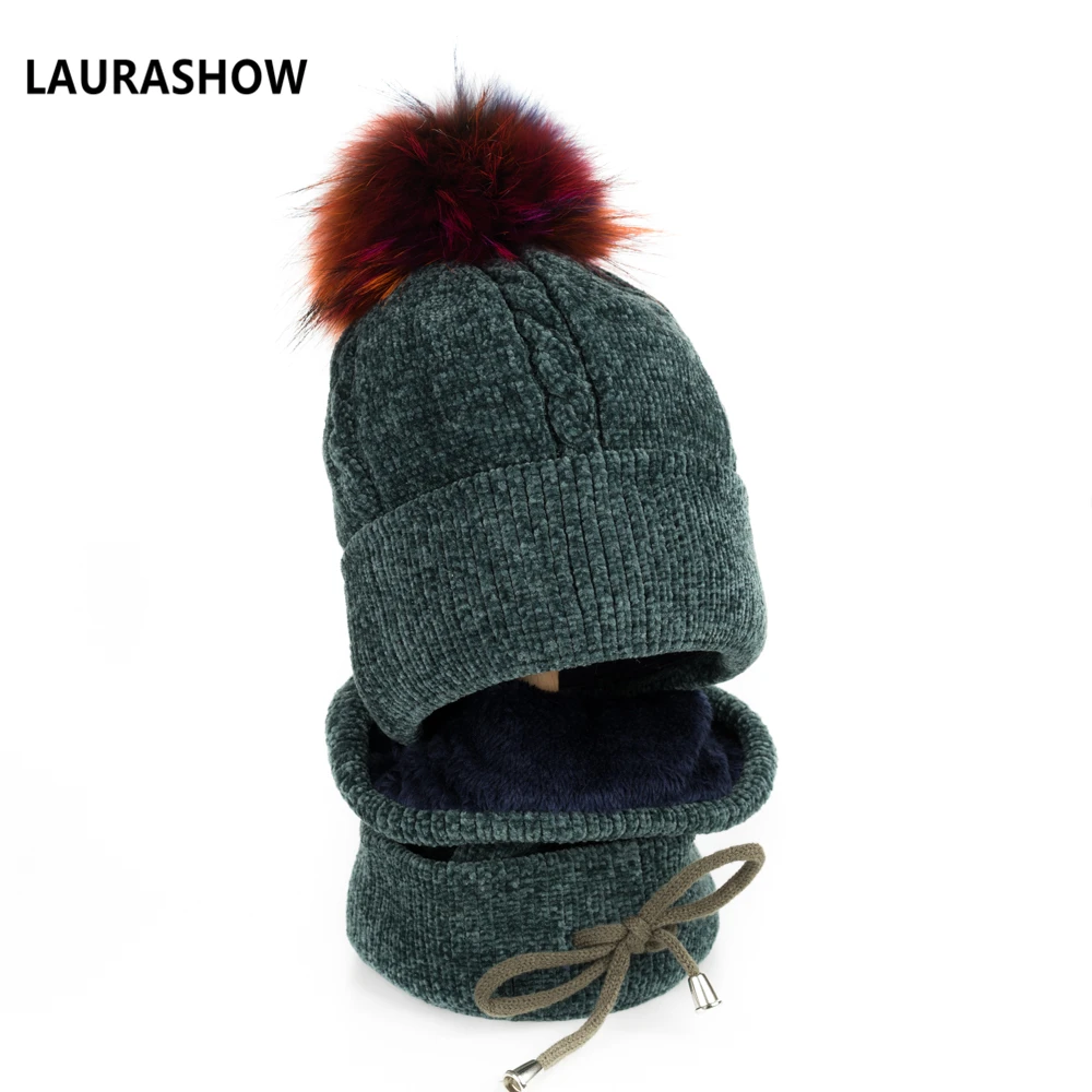 Lavashow 1 комплект для взрослых зимняя шапка с шарфом 15-16 см мяч из натурального меха енота помпоны шапка вязаная шапка Skullies женские шапочки
