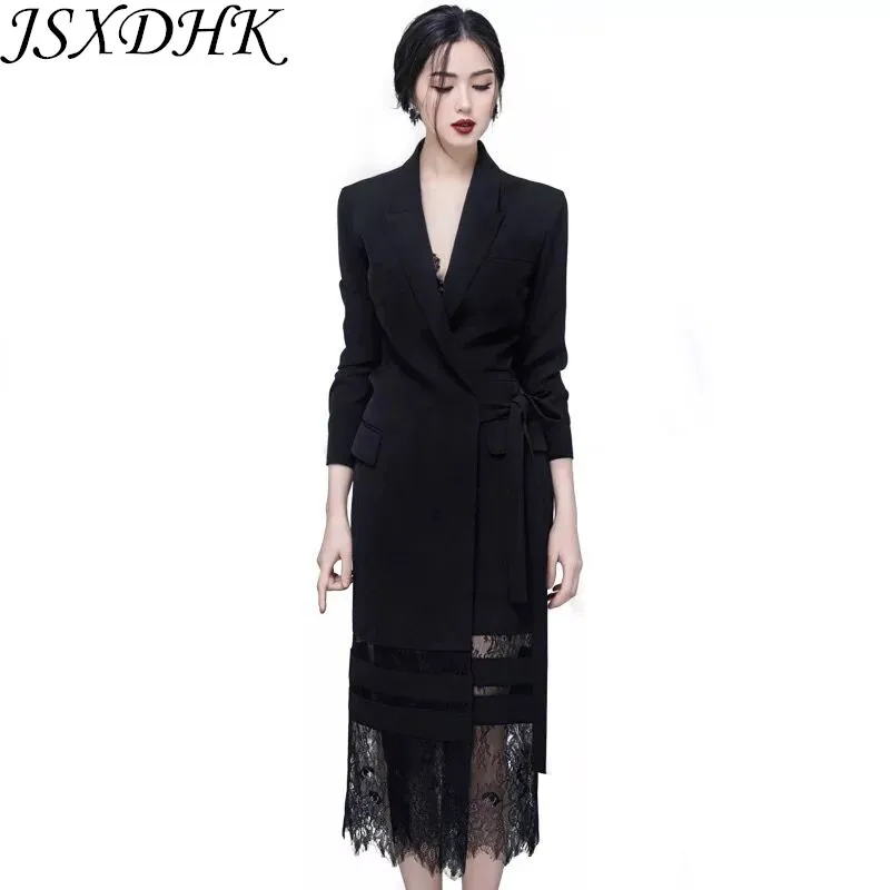 JSXDHK 2019 подиумный дизайнерский Длинный блейзер пальто весеннее женское черное