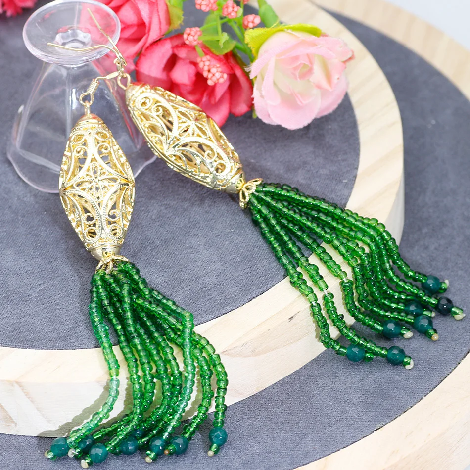 NEOVISSON African Bead Tassels Dangle Earrings For Women Gold Color Hollow Birdcage Ball Hook Wedding Earring Indian Jewelry | Украшения и