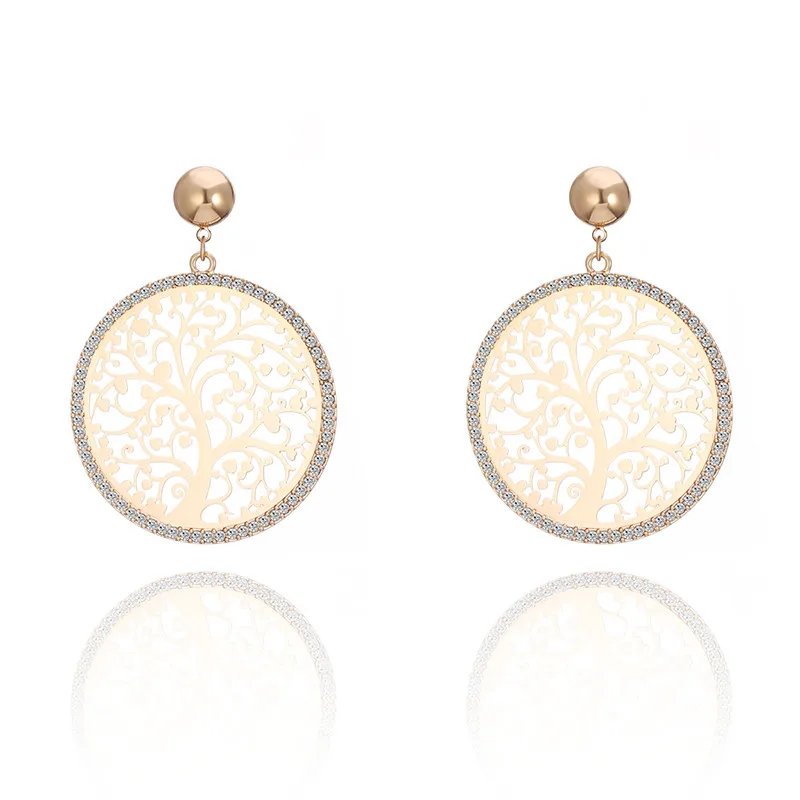 Gold Color Новые круглые серьги с цветком в виде дерева элегантные серьги с кристаллами Delica Femme Pendiente Tree of Life дропшиппинг подарок - Окраска металла: Gold Color