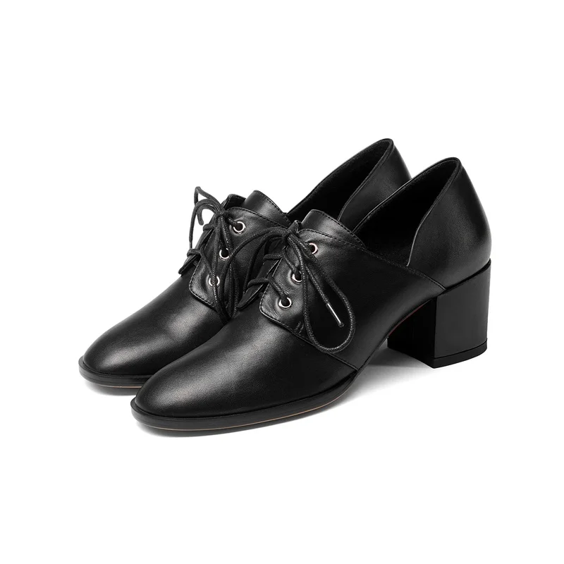 black ZVQ/обувь из натуральной кожи с круглым носком; неглубокие черные и серые туфли на шнуровке; однотонные дышащие ботильоны на высоком толстом каблуке - Цвет: black