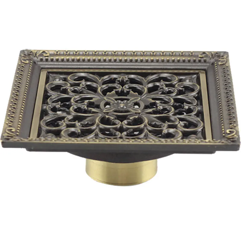

12cm Euro Style Antique Brass Flower Art Carved Euro Floor Drains Square Floor Drain Strainer 12*12cm