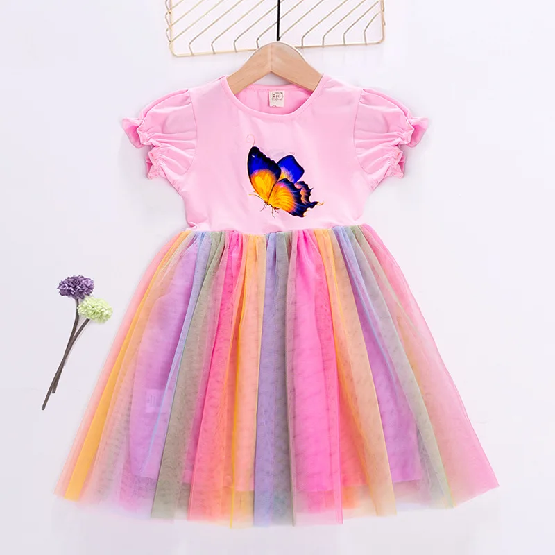 Летнее платье для девочек с единорогом детское принцессы радужной бабочкой дня