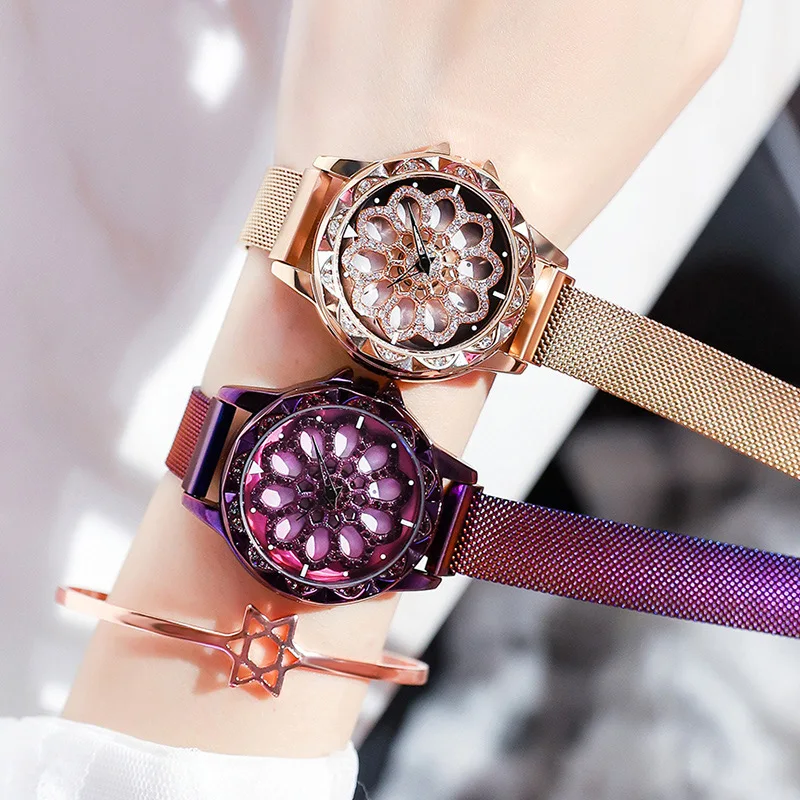 

Luxury 360 Degree Rotation Watch For Women Watches Starry Sky Magnet Mesh Fashion Female Quartz Wristwatch Roman Numeral Relogio