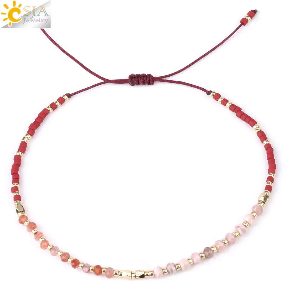 Line Rhodonite CSJA, нежные браслеты Miyuki, Boho, шикарный, натуральный камень, плетеный браслет для женщин, мини, из бисера, богемные ювелирные изделия ручной работы, S431 - Окраска металла: Line Rhodonite