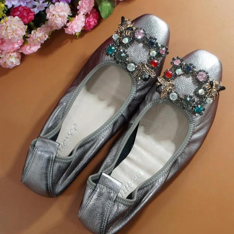 silver gray Большие размеры 42-43; женские балетки из натуральной кожи на плоской подошве; блестящие туфли на плоской подошве с квадратным носком; изящная женская обувь; свадебные туфли - Цвет: silver gray