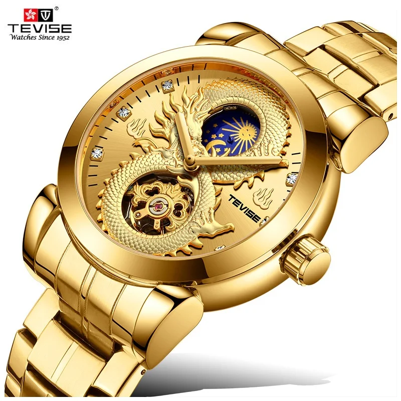 

2022 TEVISE 3D Dragon Watch Men Skeleton Mechanical Watch Moon Phase Waterproof Automatic Wristwatch Mens Fixer Dropshipping