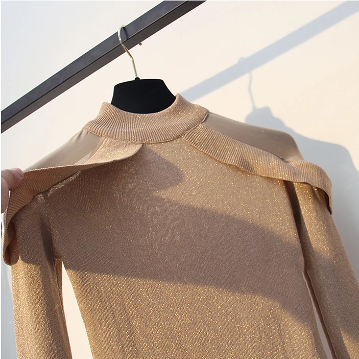 WARMSWAY Lurex трикотажный женский модный тонкий с открытыми плечами сетчатый лоскутный пуловер с расклешенными рукавами свитер шикарный Базовый Топ B-158