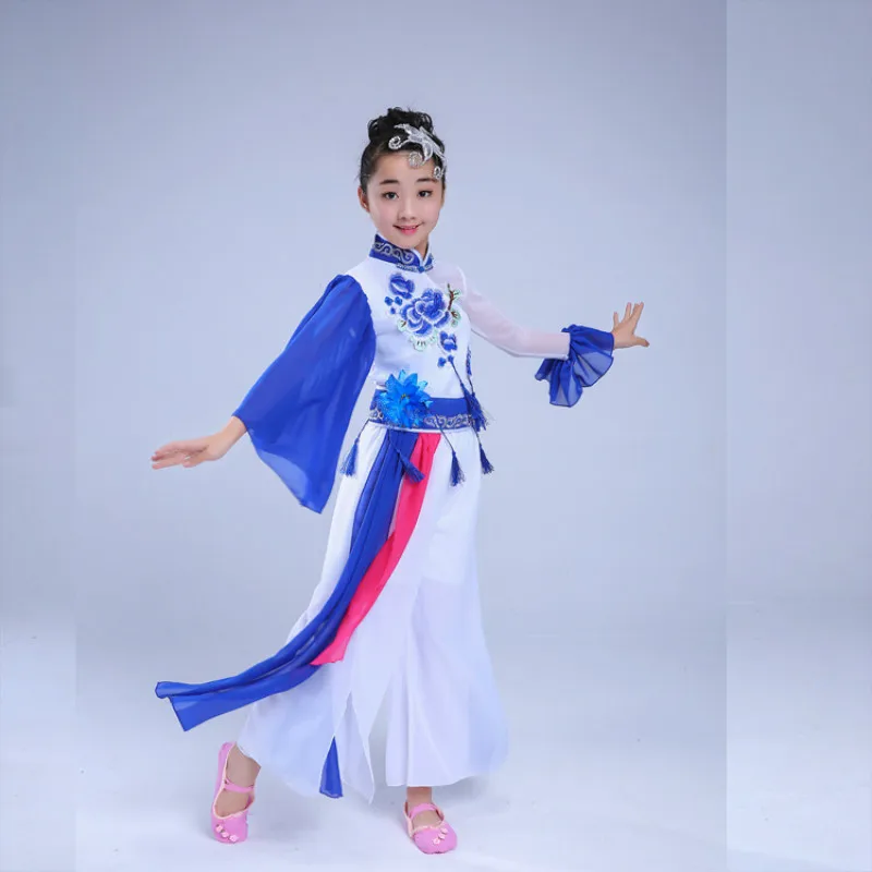 Детские костюмы hanfu Одежда для танцев синий и белый фарфор Yangge Национальный