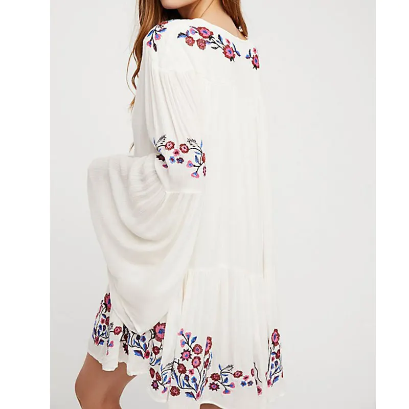 

Floral Embroidery Boho Mini Dress Women 2020 Summer Autumn Loose V Neck Red Maxi Chic Female Beach Holiday Dresses Girls Vestido