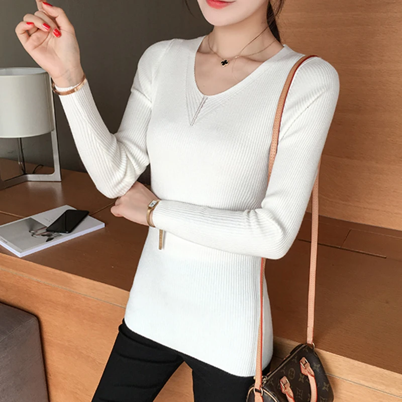 Женский вязаный пуловер с v-образным вырезом Однотонный свитер длинным рукавом