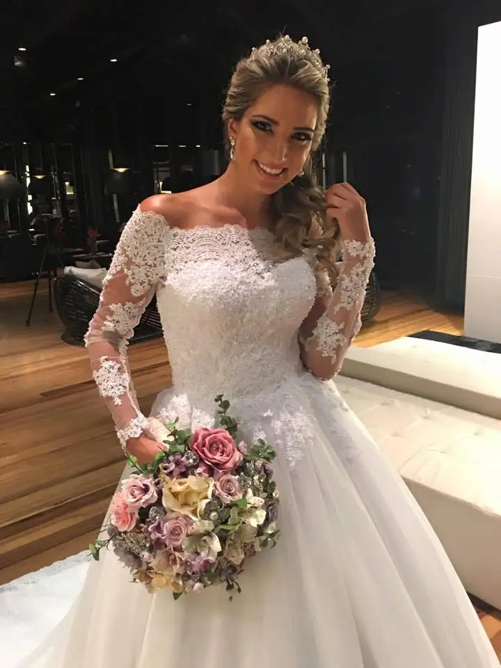 Robe de mariee/свадебное платье с длинными рукавами и вырезом лодочкой бисер кружево
