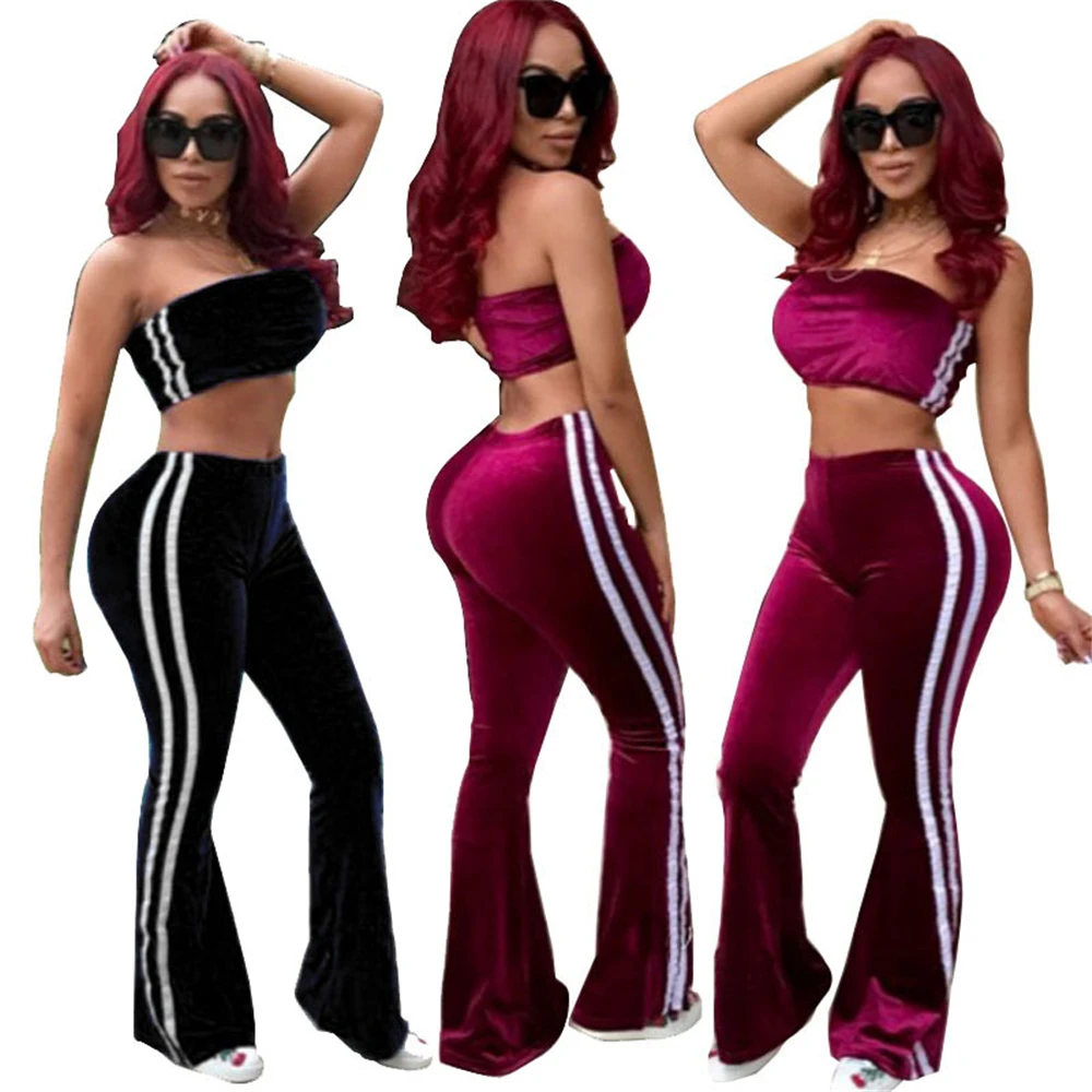 Полоса сращены бархат костюм зимний комплект из двух предметов кроп топы и штаны