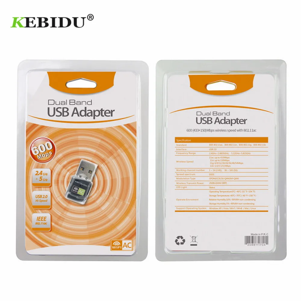 Беспроводной адаптер Kebidu USB Wi Fi 600 Мбит/с двухдиапазонный переменного тока 2 4G WiFi