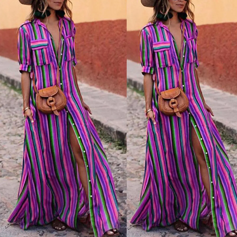 Новые модные женские туфли Лето Boho повседневное в полоску длинные платье макси Вечеринка пляжное платье Сарафан