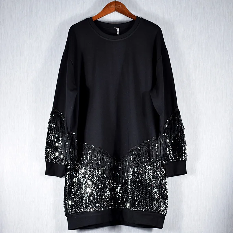Круглый вырез модное лоскутное блестящее весеннее платье черное BlingBling Fringe Pullolvers