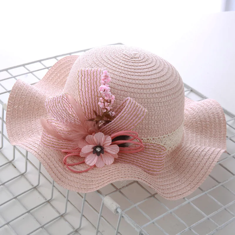 2019 baby girl hat summer bow straw solid color flowers outdoor cool Korean casual wave big along beach kids beanies | Детская одежда и
