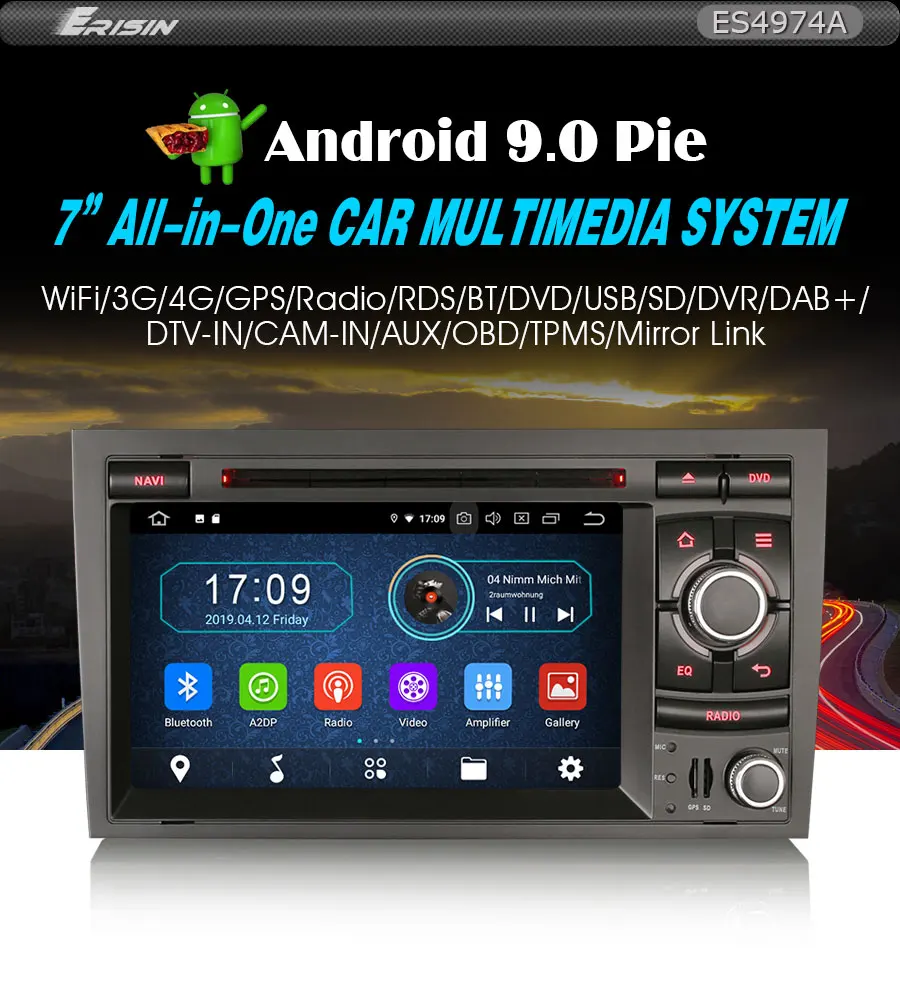 Erisin ES4974A Авторадио 7 ''2 Din Android 9,0 автомобильный dvd-плеер для AUDI A4 S4 RS4 B9 B7 SEAT EXEO gps Навигация BT Wifi