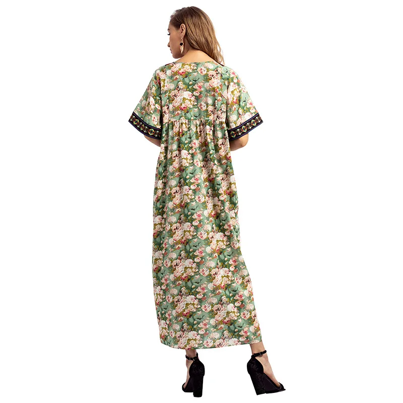 Summer Bohemian Embroidery Maxi Dress Printed Tassel Indian Abaya Short Sleeves Dubai Ankle-Length Long ZD83032 | Женская одежда