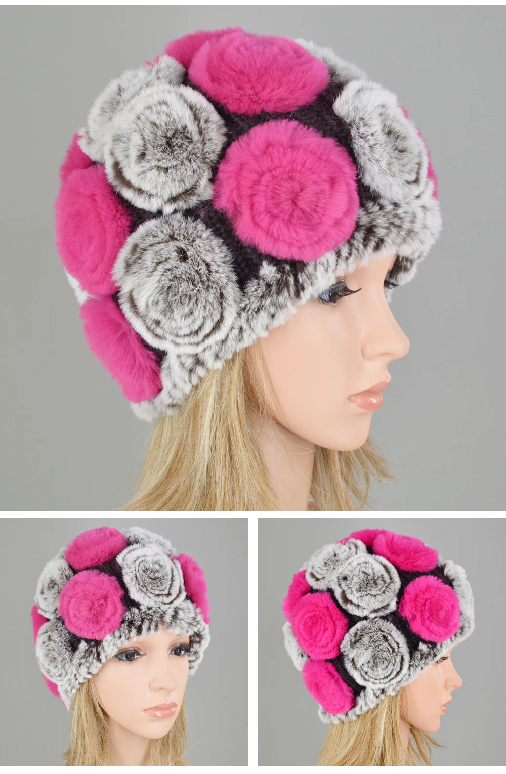 Новинка, женская шапка Skullies, настоящий мех кролика, зимняя, цветочный мех кролика Рекс, шапочки, шапка для девочек, цветы, шапки из меха кролика рекс