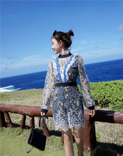 Женский комбинезон с длинным рукавом сетчатый кружевной цветочной вышивкой