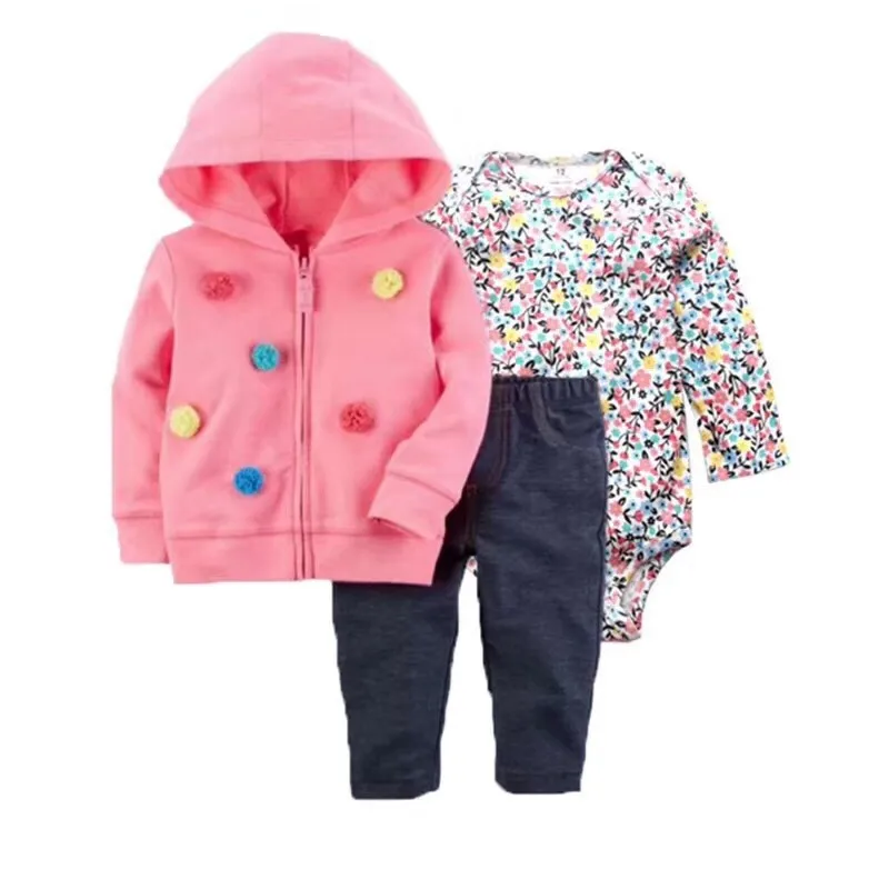 2018 New 3pcs lots Baby Boys Girls Long Sleeve bodysuit Pants dinosaur Monster 100% Cotton Fleece Hooded jacket Out Cloth Sets | Детская