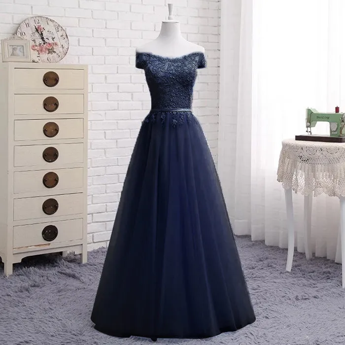 Navy Blue ТРАПЕЦИЕВИДНОЕ кружевное элегантное вечернее платье, много цветов, вечернее платье, vestido de festa Robe De Soiree Longue, вечерние платья DR04L - Цвет: Navy Blue