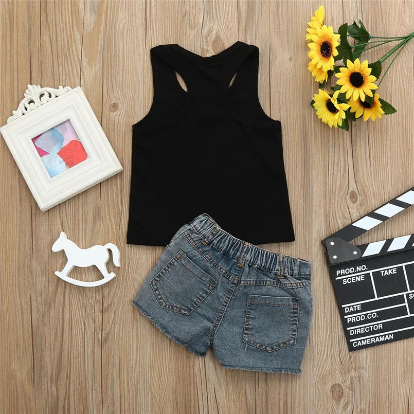 Girls suit summer 2019 new Toddler Baby Letter Print Vest Tops T-Shirt Floral Denim Shorts Outfit Set #3A17 | Мать и ребенок