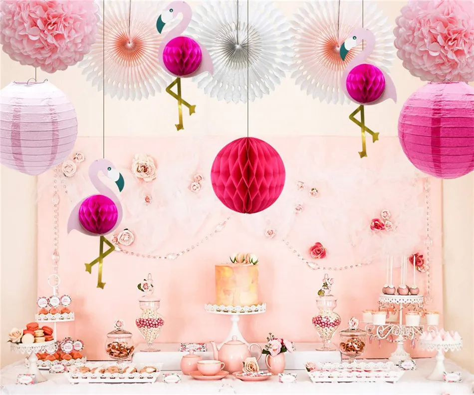 VOGVIGO 11Pcs Pink Flamingo Party Honeycomb DecorationTissue Paper Flowers Paper Fans for Girl Birthday Party Decoration