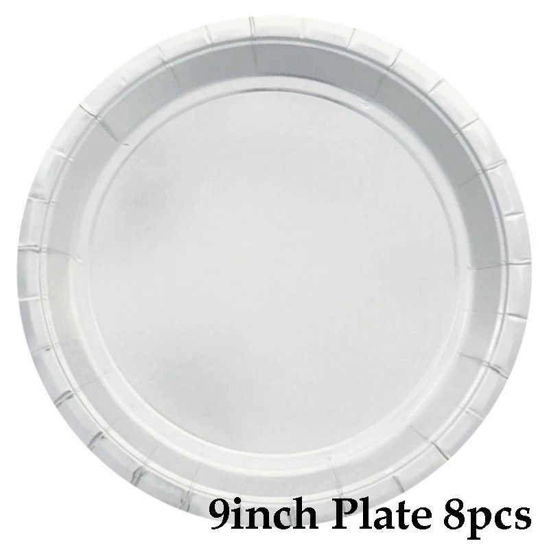9inch plate 8pcs 8 шт. вечерние одноразовые столовые приборы серебряного цвета, бумажные тарелки, обертка с соломинкой для торта, декор на день рождения, товары для детской вечеринки - Цвет: 9inch plate 8pcs