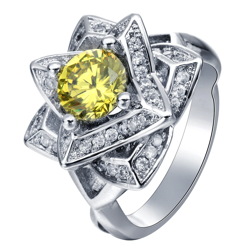 Роскошное обручальное кольцо с жёлтым фианитом в виде любовного цветка цирконом