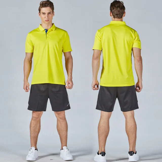 yellow set Мужские теннисные рубашки, наборы, дизайн, спортивный костюм, шорты с трикотажными вставками, дышащие, быстросохнущие, для бадминтона, для настольного тенниса, спортивная одежда - Цвет: yellow set