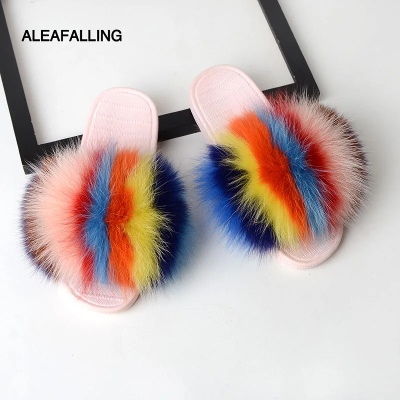 Aleafalling/женские шлепанцы на меху с лисьим мехом Домашние Мягкие Шлепанцы плоской