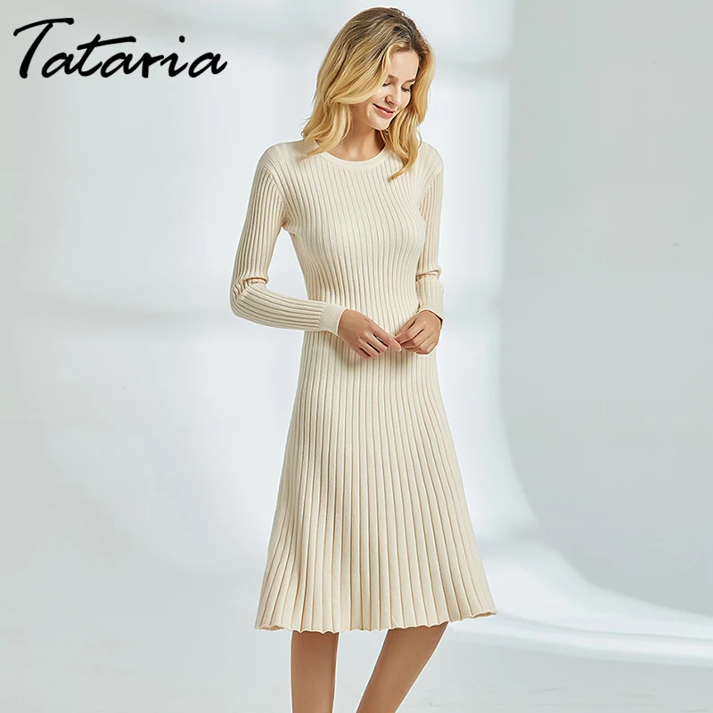 Tataria, длинное трикотажное платье-свитер для женщин, платье-свитер с длинным рукавом, Женское Платье До Колена, повседневное зимнее элегантное платье-свитер
