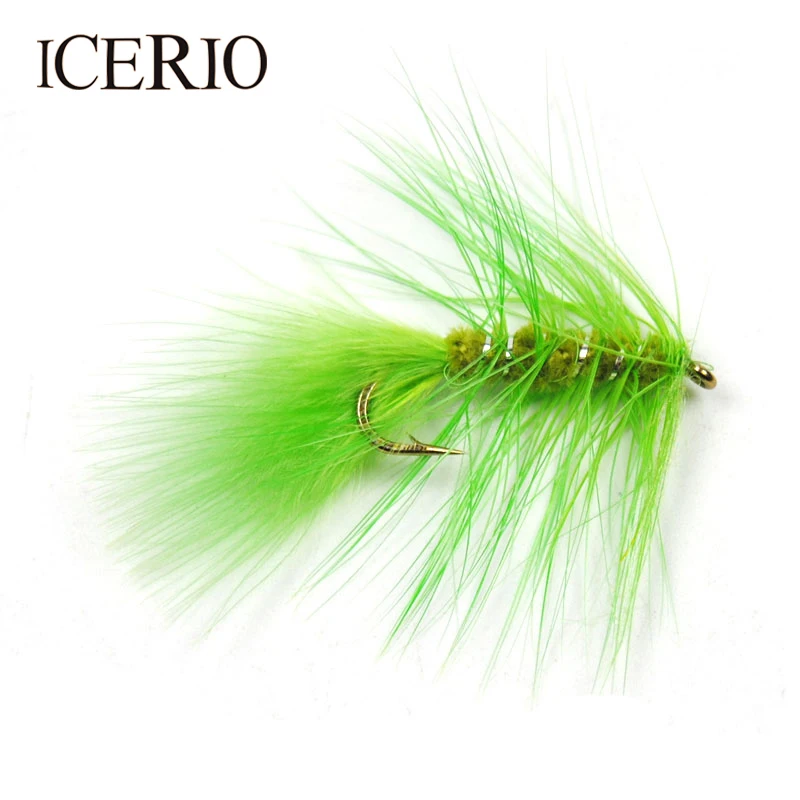 

ICERIO 12PCS #10 Silver Rib Olive Body Streamer Flies Trout Fly Fishing Lures