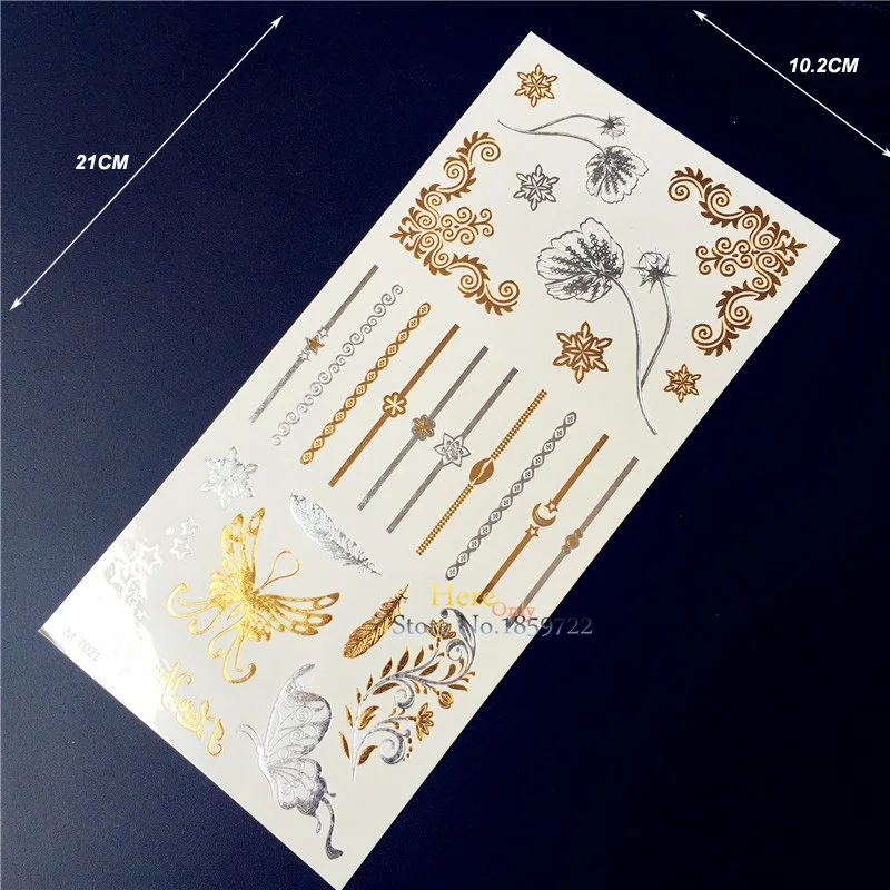 

1PC Exquisite Body Art Gold Silver Metallic Tattoo Women Henna MT021 Flower Butterfly Jewel Waterproof Temporary Tattoo Stickers