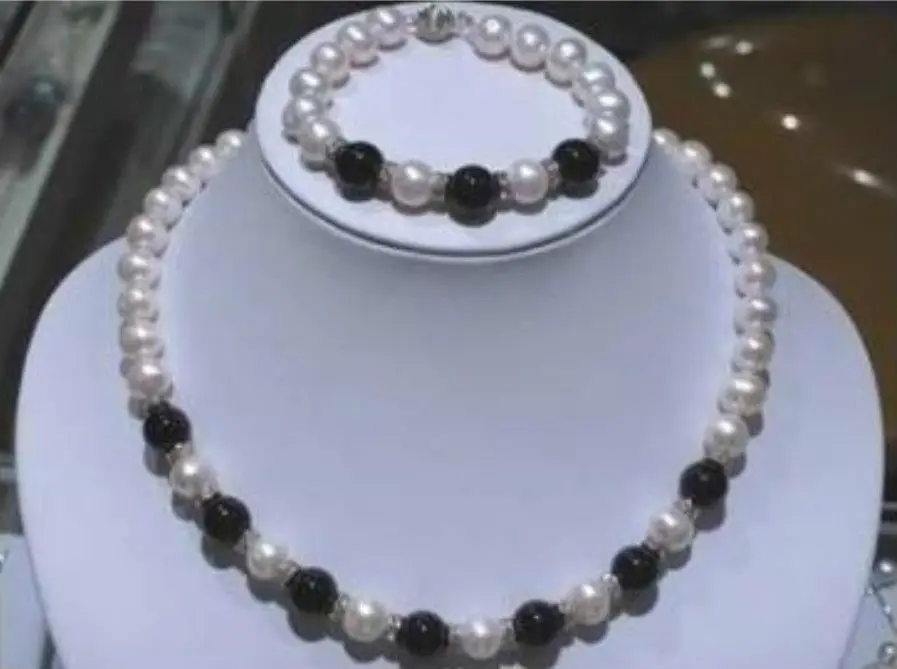 

7-8MM White Pearl And Black Agate Neckalce Bracelet Set 18"7.5-8"