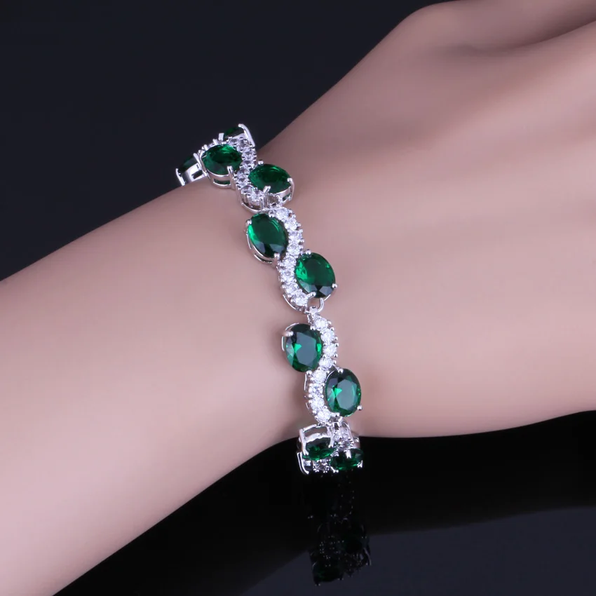 Absorbing Oval Egg Green Cubic Zirconia White CZ Silver Plated Link Chain Bracelet 18cm 20cm V0057 | Украшения и аксессуары