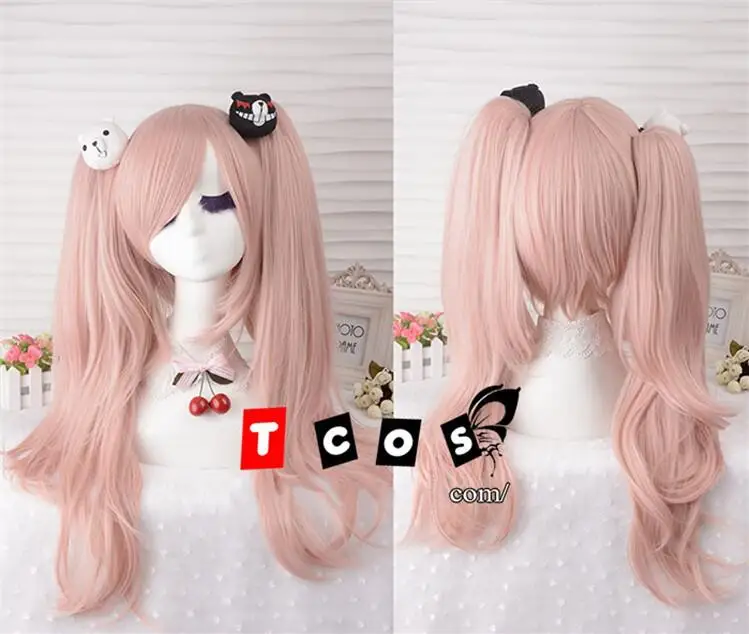 Wig and Bear Hairpin Danganronpa Дзюнко Эносима светильник розовый конский хвост Cos волосы Dangan Ronpa Junko термостойкие косплей костюм парик+ заколки с медведем - Цвет: Wig and Bear Hairpin